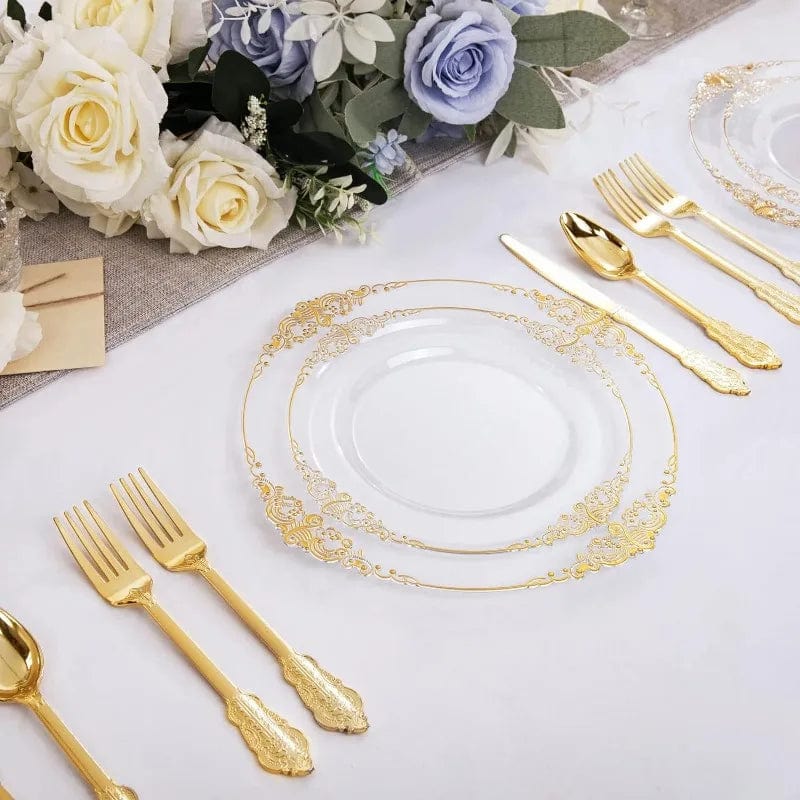 Showlu Fashion Store 100 Pieces Rose Gold Plastic Plates - Rose Gold Disposable Plates - 10.25inch White Plastic Dinner Plates With Rose Gold Rim