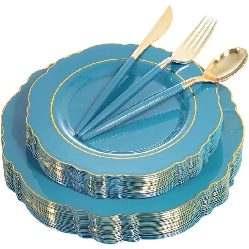 Showlu Fashion Store 100PCS  Plastic Plates With Gold Rim Disposable Silverware with Include 40 Plates, 60  Plastic Sivlerware