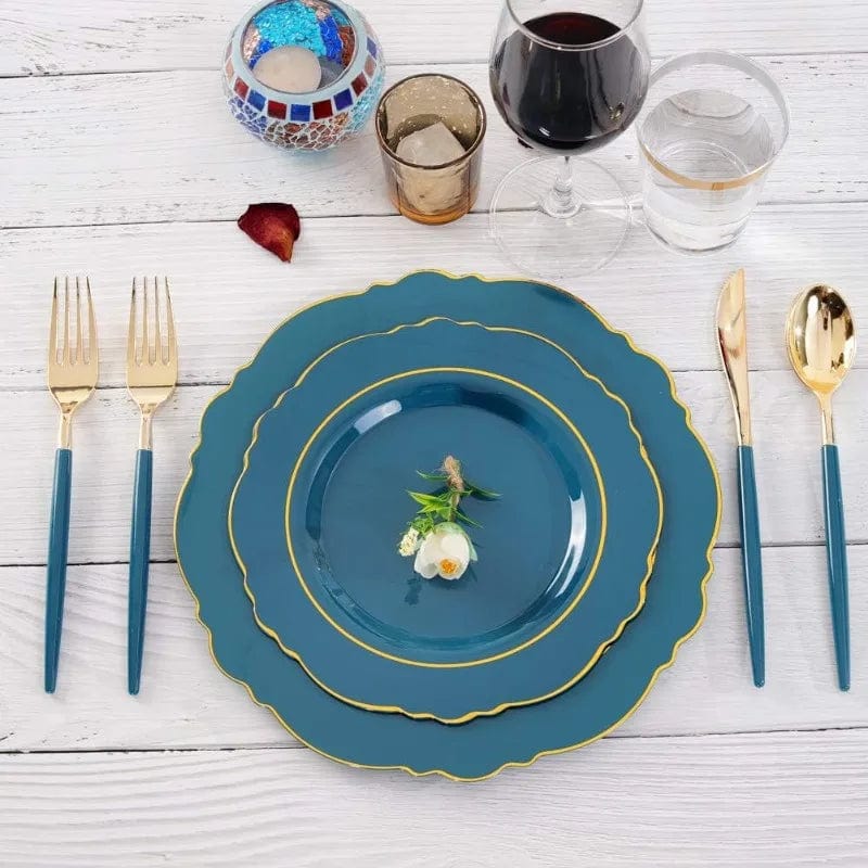 Showlu Fashion Store 100PCS  Plastic Plates With Gold Rim Disposable Silverware with Include 40 Plates, 60  Plastic Sivlerware