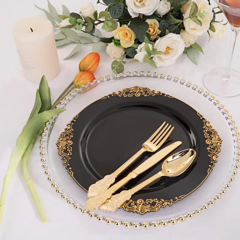 Showlu Fashion Store 100PCS White and Gold Plastic Plates - 10.25Inch Gold Disposable Plates - Heavyweight Gold Dinner Plates for Wedding & Party