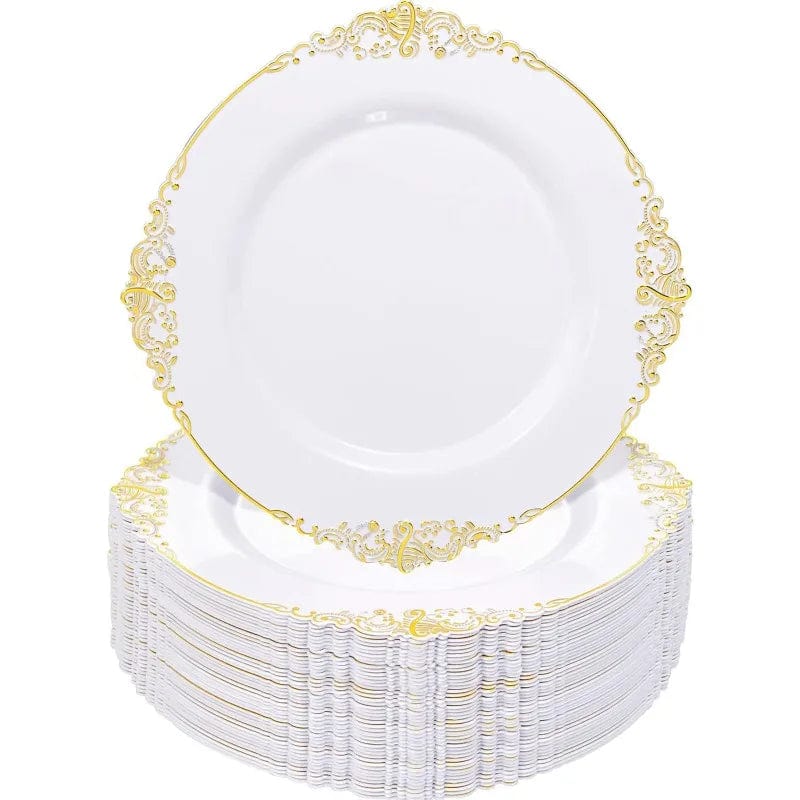 Showlu Fashion Store 100PCS White and Gold Plastic Plates - 10.25Inch Gold Disposable Plates - Heavyweight Gold Dinner Plates for Wedding & Party