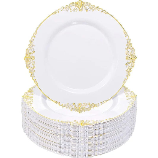 Showlu Fashion Store 100PCS White and Gold Plastic Plates - 10.25Inch Gold Disposable Plates - Heavyweight Gold Dinner Plates for Wedding & Party