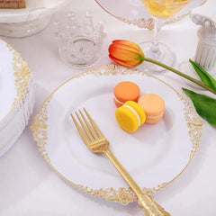 Showlu Fashion Store 100PCS White and Gold Plastic Plates - 10.25Inch Gold Disposable Plates - Heavyweight Gold Dinner Plates for Wedding & Party