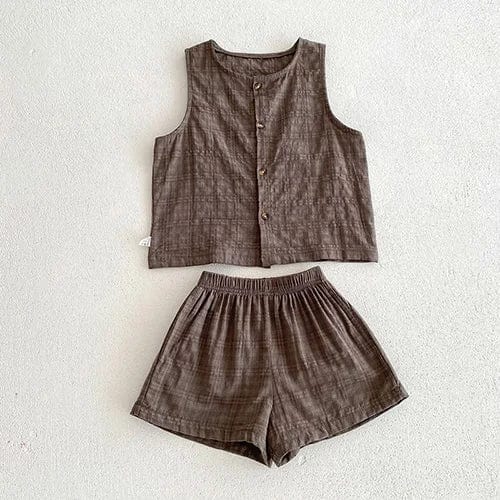 Showlu Fashion Store 104116 coffee / 90 2024 New Summer Children Clothes Suit Short Sleeved Cotton Striped Shirt+Shorts Baby Boys Clothing Set Korean Japan Style