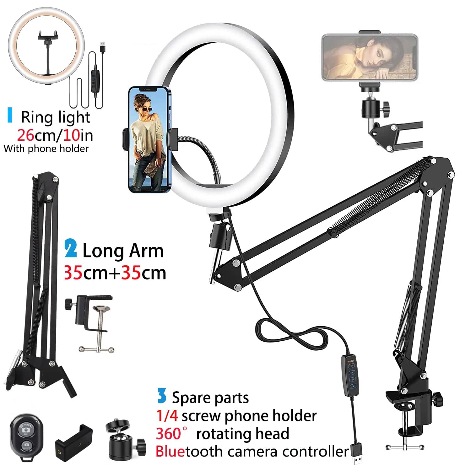  Showlu Fashion Store 10in Light LED Selfie Ring Light Phone Stand With Folding Arm Circle Fill Light Dimmable Tripod Photography RingLight For YouTobe Streaming