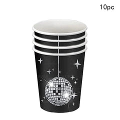  Showlu Fashion Store 10pcs cups 1 Disco Ball Theme Tableware Set Black Silver Disco Plates Napkins Cups Adults Happy Disco Birthday Party Decor Wedding Supplies