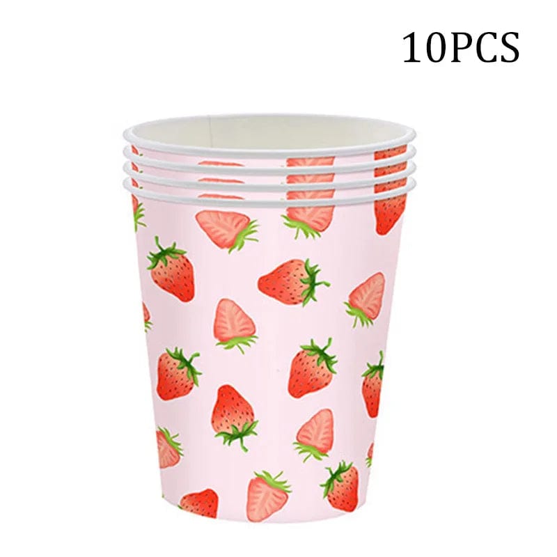  Showlu Fashion Store 10pcs cups Strawberry Party Decoration Girls Birthday Party Disposable Tableware Pink Paper Plate Cup Tablecloth Outdoor Picnic Party Decor