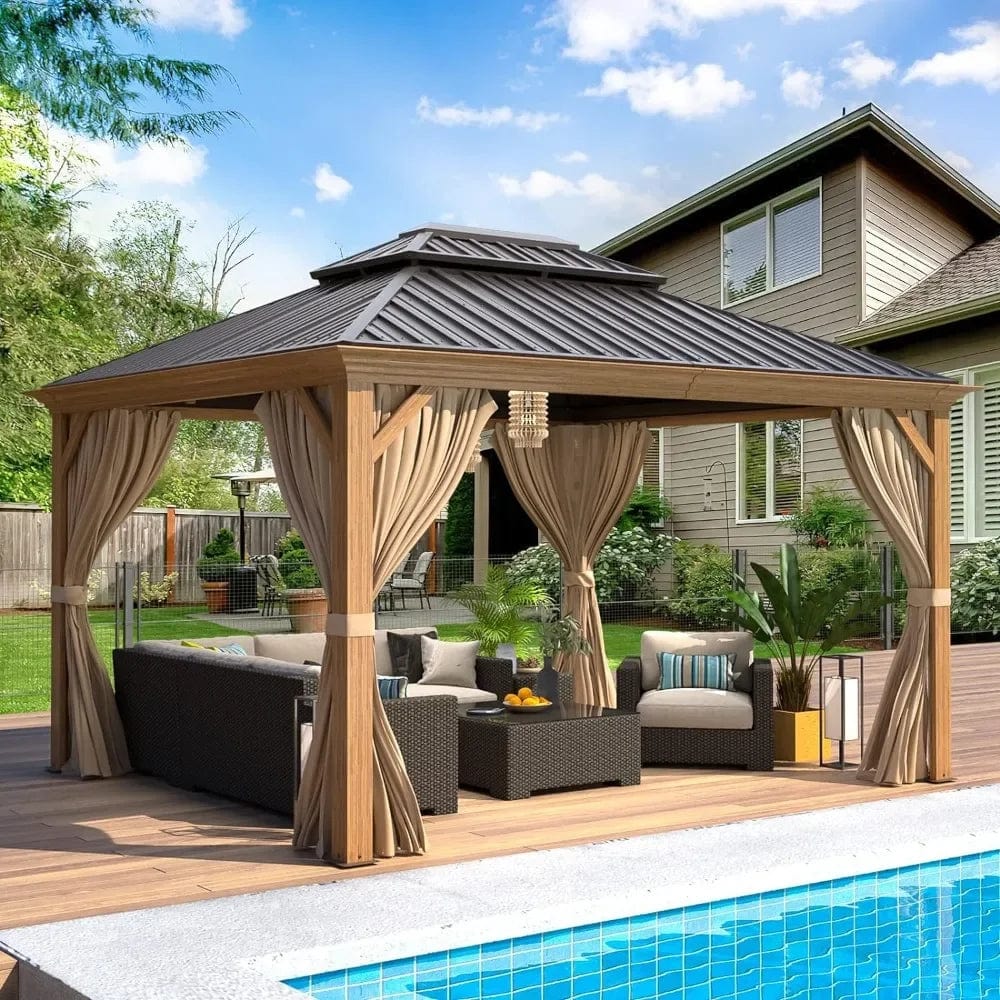 Showlu Fashion Store 10x14 Outdoor Gazebo with Curtain and Netting, Wooden Finish Coated with Double Galvanized Steel Hardtop Roof, Outdoor Gazebo