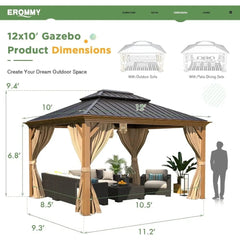 Showlu Fashion Store 10x14 Outdoor Gazebo with Curtain and Netting, Wooden Finish Coated with Double Galvanized Steel Hardtop Roof, Outdoor Gazebo