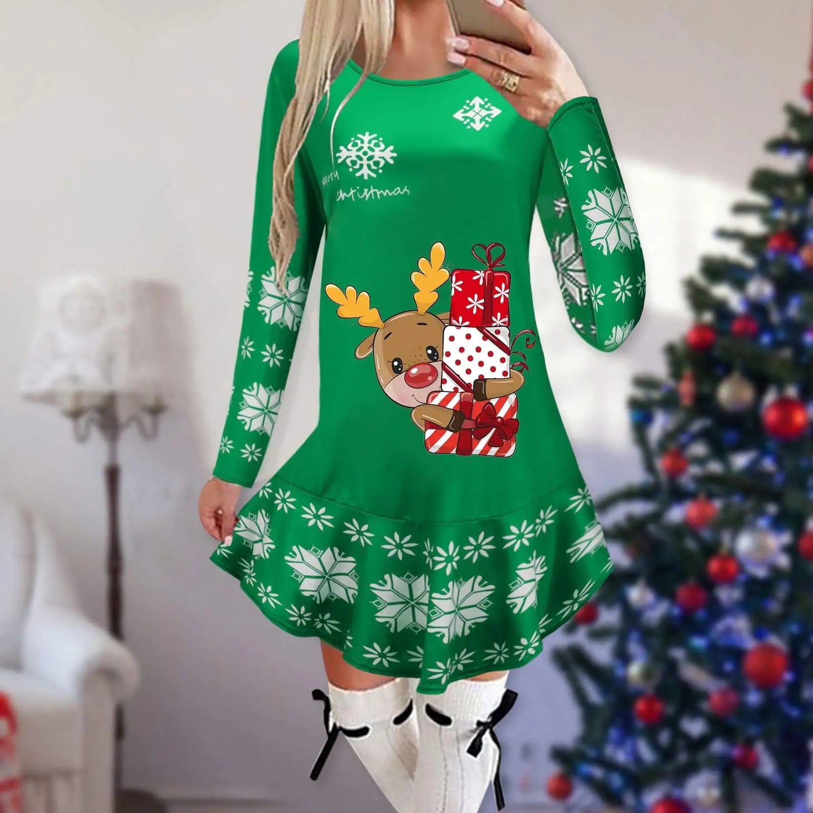  Showlu Fashion Store 11 / M Christmas Dresses for Women Elk Print Long Sleeve Mini Dress Autumn Winter Fashion Ladies Holiday Mini Dresses New Year 2024