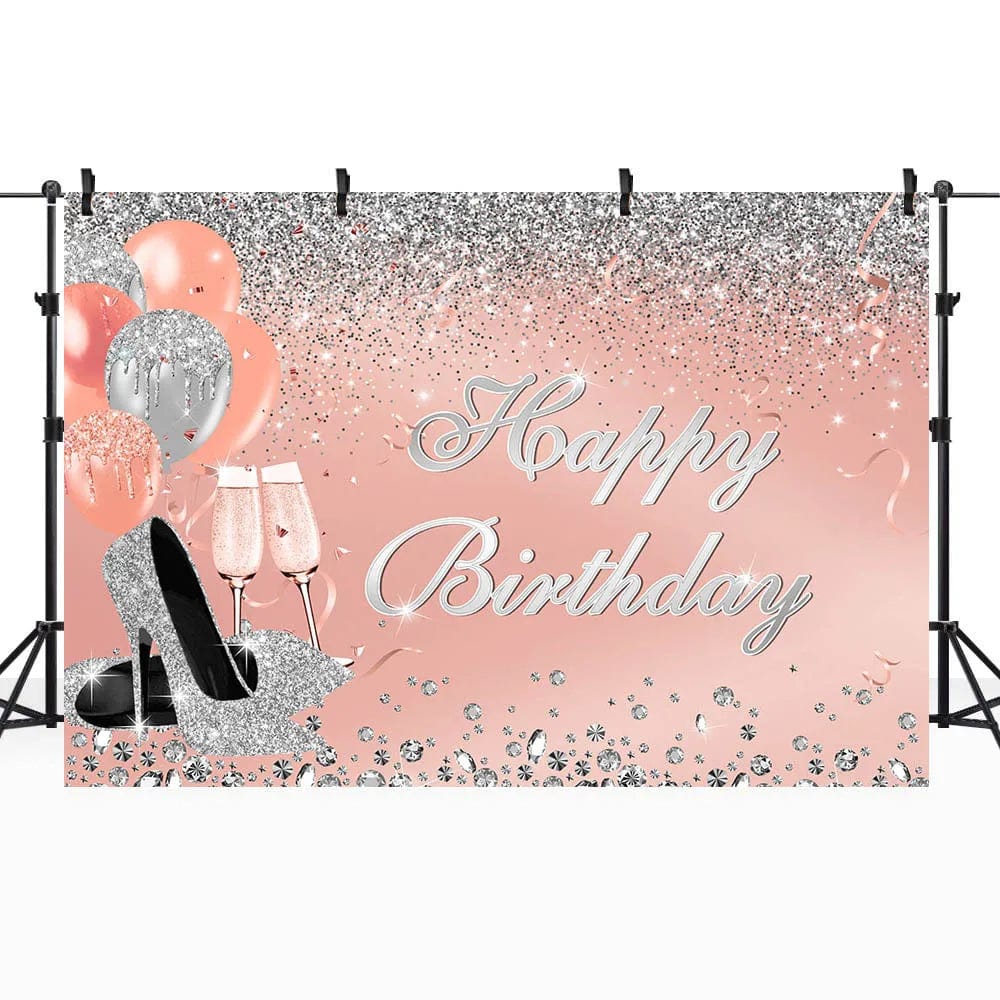  Showlu Fashion Store 12 / Cotton 150x100cm Mocsicka Glitter Women Birthday Backdrop Ballon High Heel Rose Gold Girl Birthday Party Photo Background Custom Banner Photocall