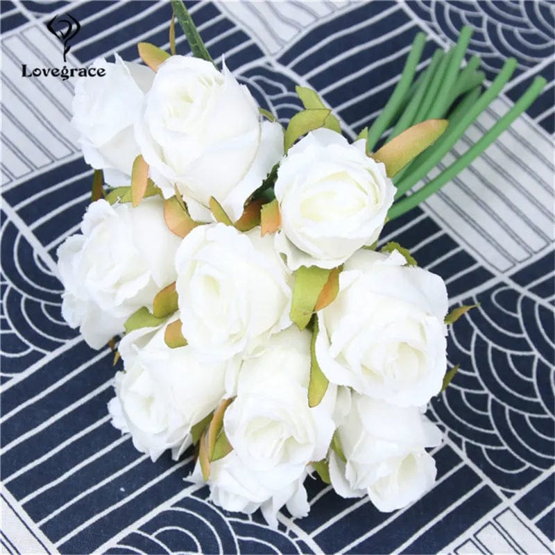 Showlu Fashion Store 12 Heads Wedding Bouquet White Green Rose Artificial Bridal Bouquet Blue Wedding Accessories Bridesmaids Flower Mariage Supplies