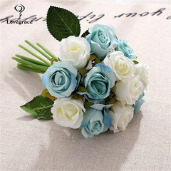 Showlu Fashion Store 12 Heads Wedding Bouquet White Green Rose Artificial Bridal Bouquet Blue Wedding Accessories Bridesmaids Flower Mariage Supplies