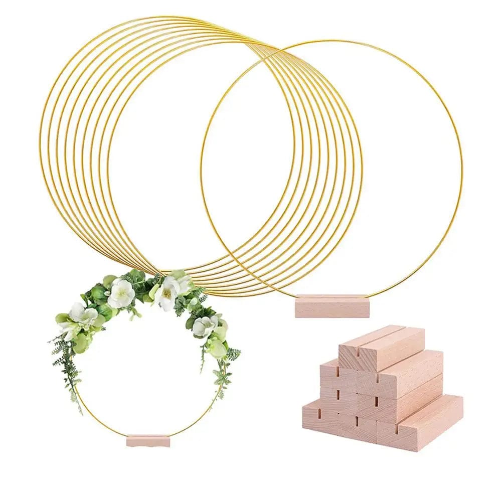 Showlu Fashion Store 12 inches 10Pcs 12 Inch Round Metal Hoop Centerpiece With Wooden Stand Decorative Props For Crafts DIY Wedding Event Party Decor