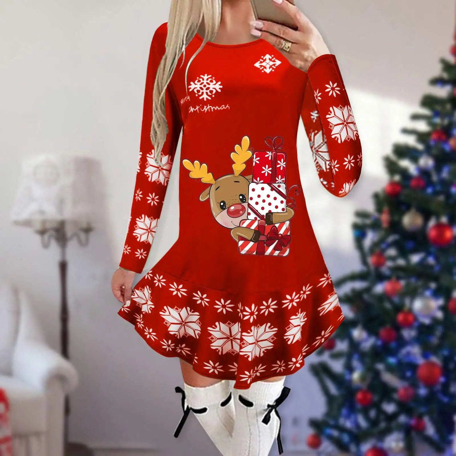 Showlu Fashion Store 12 / M Christmas Dresses for Women Elk Print Long Sleeve Mini Dress Autumn Winter Fashion Ladies Holiday Mini Dresses New Year 2024