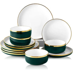 Showlu Fashion Store 12 Piece Luxury Bone China Dishware Sets Kitchen Tableware Set of Plates Gilt Rim Plates and Bowls Sets for 4 Plate Dish Dinner