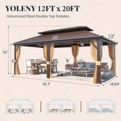 Showlu Fashion Store 12' X 20' Hardtop Gazebo, Galvanized Steel Ventilation Double Roof Aluminum Frame, Curtains and Netting Included, Outdoor Gazebo