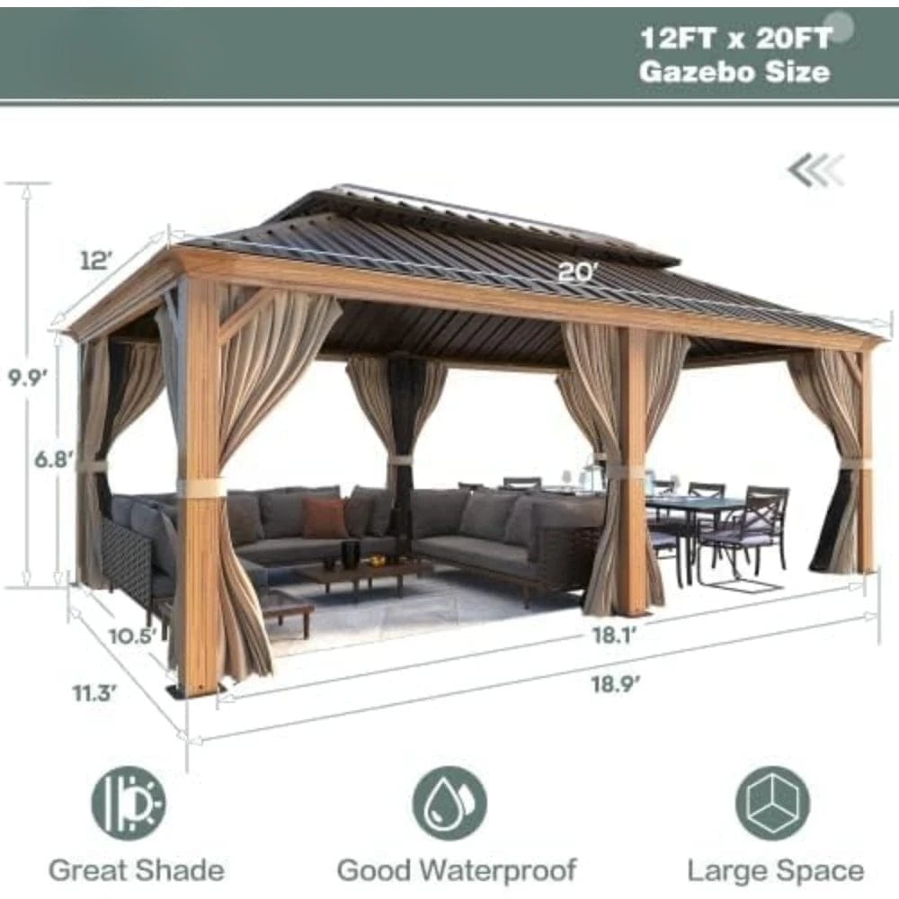 Showlu Fashion Store 12' X 20' Hardtop Gazebo,Wooden Finish Coated Aluminum Frame Gazebo with Galvanized Steel Double Roof,with Curtains and Nettings