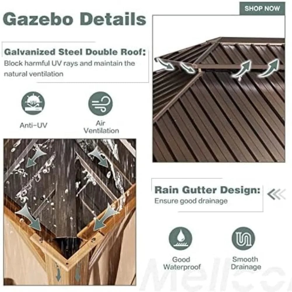 Showlu Fashion Store 12' X 20' Hardtop Gazebo,Wooden Finish Coated Aluminum Frame Gazebo with Galvanized Steel Double Roof,with Curtains and Nettings