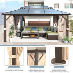 Showlu Fashion Store 12'x16' Outdoor Gazebo, with Curtains and Netting, Outdoors Polycarbonate Double Roof Canopy, More Durable, Outdoor Gazebo