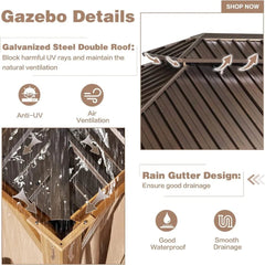 Showlu Fashion Store 12'x20' Hardtop Gazebo, Wooden Finish Coated Aluminum Frame Gazebo with Galvanized Steel Roof, with Curtains and Nettings