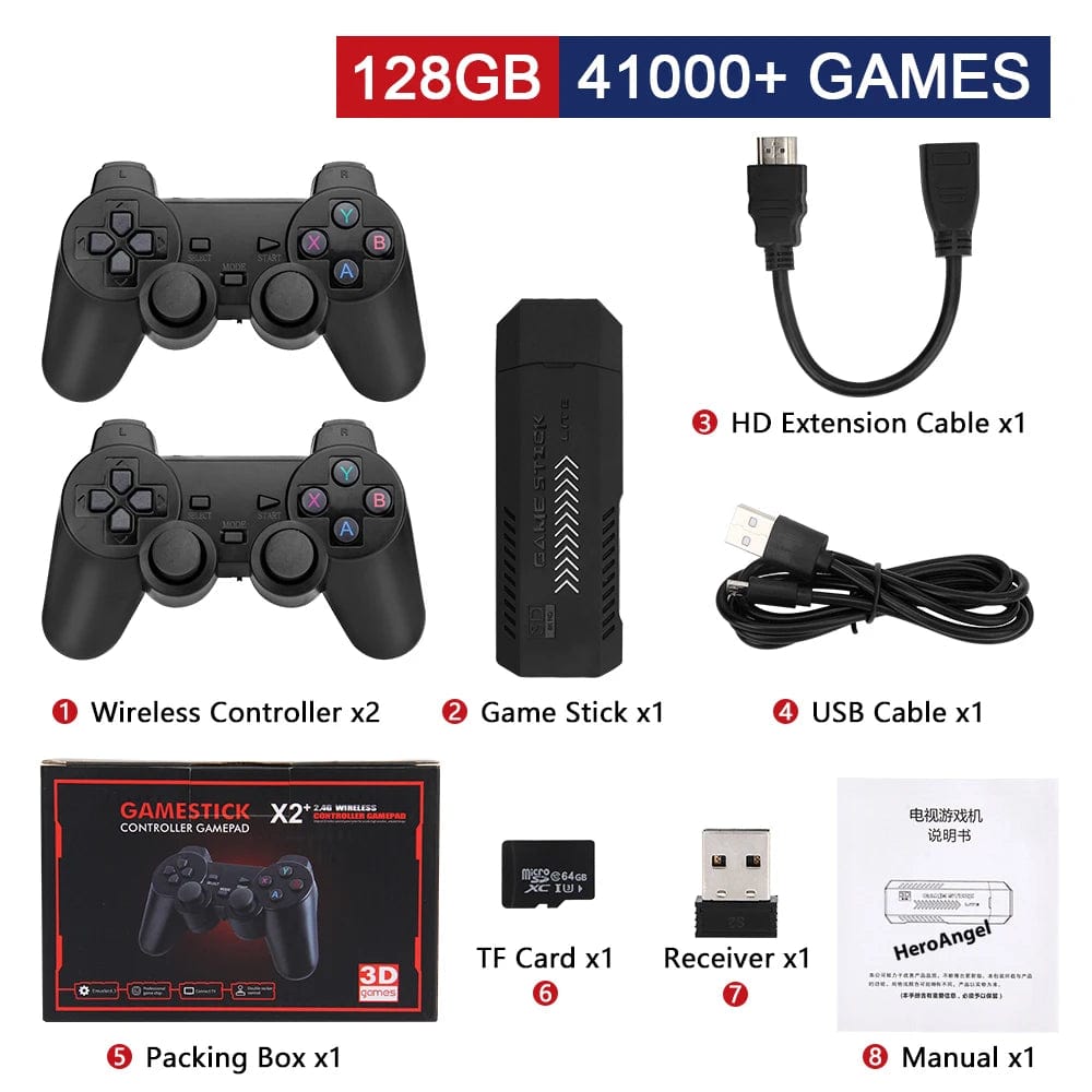  Showlu Fashion Store 128G 41000 Games X2 Plus Gamestick 3D Retro Video Game Console 2.4G Wireless Controllers HD 4.3 System 40000 Games 40 Emulators for SEGA/PSP/PS1