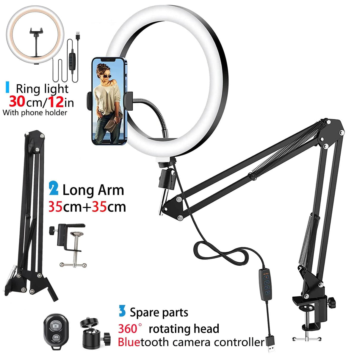  Showlu Fashion Store 12in light LED Selfie Ring Light Phone Stand With Folding Arm Circle Fill Light Dimmable Tripod Photography RingLight For YouTobe Streaming