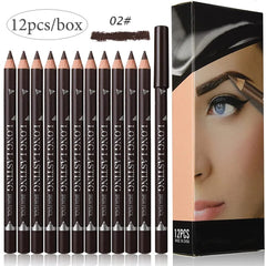 Showlu Fashion Store 12pcs a box Brown 02 6/12Pcs Eye Brow Pencil Waterproof Professional Women Eye Makeup Pen Easy Color Natural Black Brown Cosmetic Beauty Eyebrow Tool