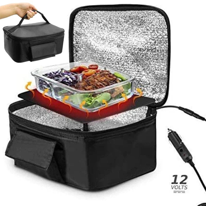 Showlu 12V portable car food warmer bag with insulated design, electric lunch heater for reheating meals on the go.