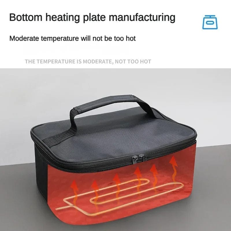 Showlu 12V portable car food warmer bag with insulated electric lunch heater for reheating and keeping food warm in vehicle.