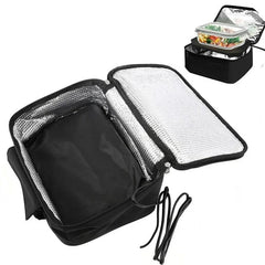 A black portable 12V electric lunch warmer bag with an insulated interior and a car power cord.