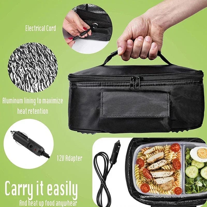 Showlu 12V portable car food warmer bag with insulated design, electric lunch heater for reheating meals on the go.