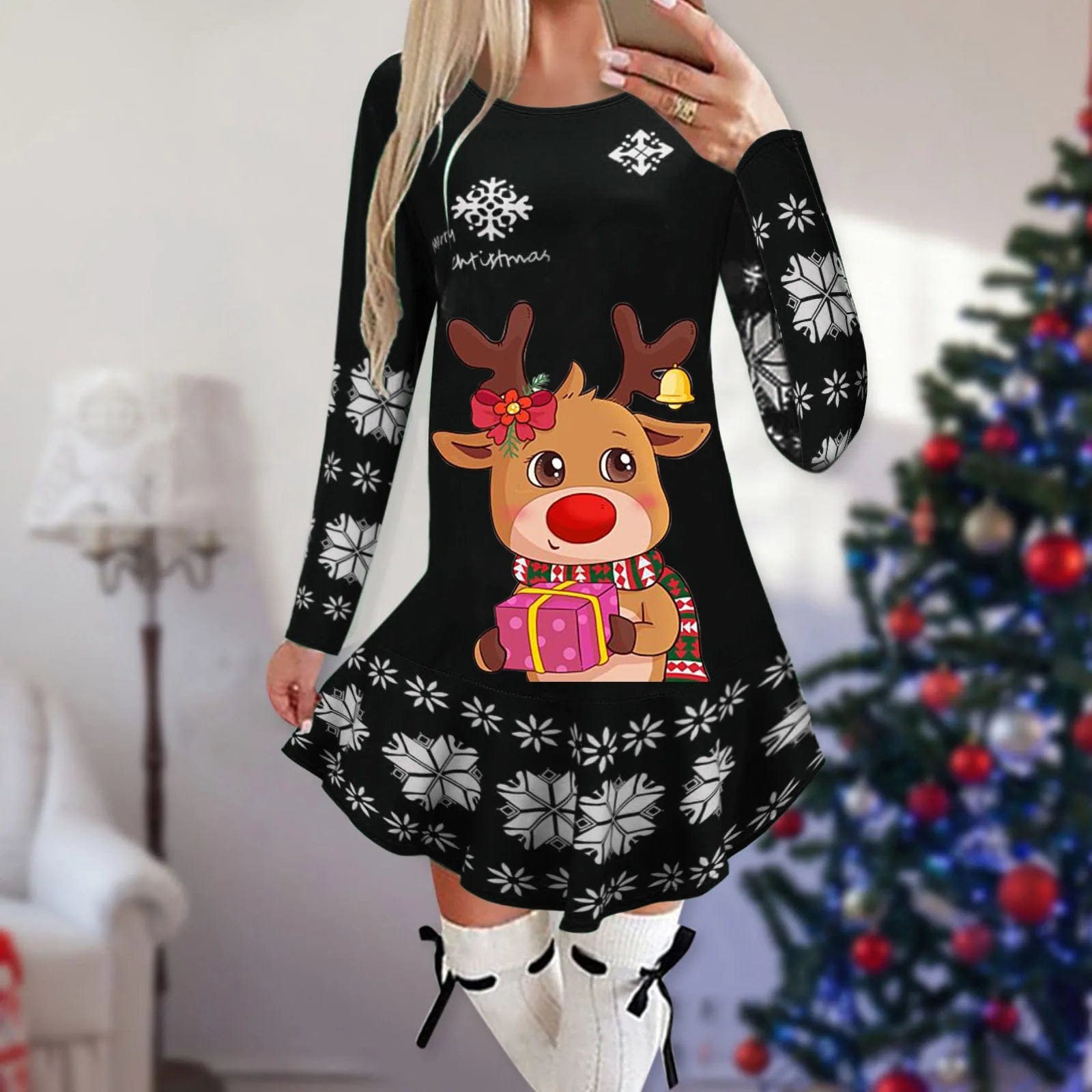 Showlu Fashion Store 13 / M Christmas Dresses for Women Elk Print Long Sleeve Mini Dress Autumn Winter Fashion Ladies Holiday Mini Dresses New Year 2024