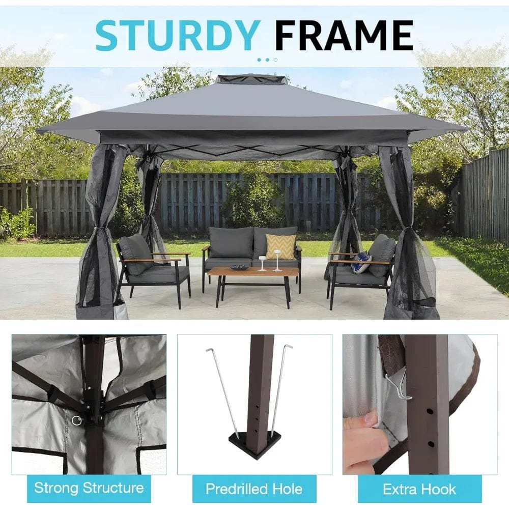 Showlu Fashion Store 13x13 Ft Pop Up Gazebo, Outdoor Canopy Tent Shade with Metal Frame Mosquito Netting for Patio, Garden, Lawn, Backyard, Gray