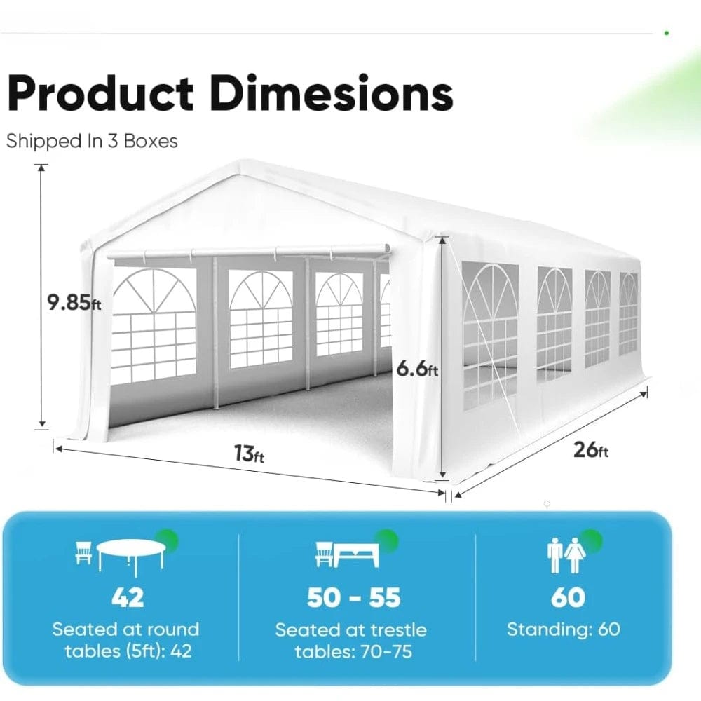  Showlu Fashion Store 13x26 Party Tent Outdoor Heavy Duty Gazebo Wedding Tent White Canopy Carport  with 8 Removable Sidewall Windows & Storage Bags