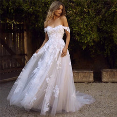  Showlu Fashion Store 白色 / 14 Lace Wedding Dresses Off Shoulder Bride Dress Wedding Gown