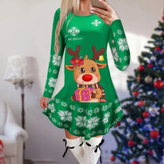 Showlu Fashion Store 14 / M Christmas Dresses for Women Elk Print Long Sleeve Mini Dress Autumn Winter Fashion Ladies Holiday Mini Dresses New Year 2024