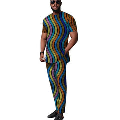 Showlu Fashion Store 14 / XL African Tops+Elastic Waist Trousers Male Groom Suit Nigerian Fashion Short Sleeves Men's Sets Party Wear