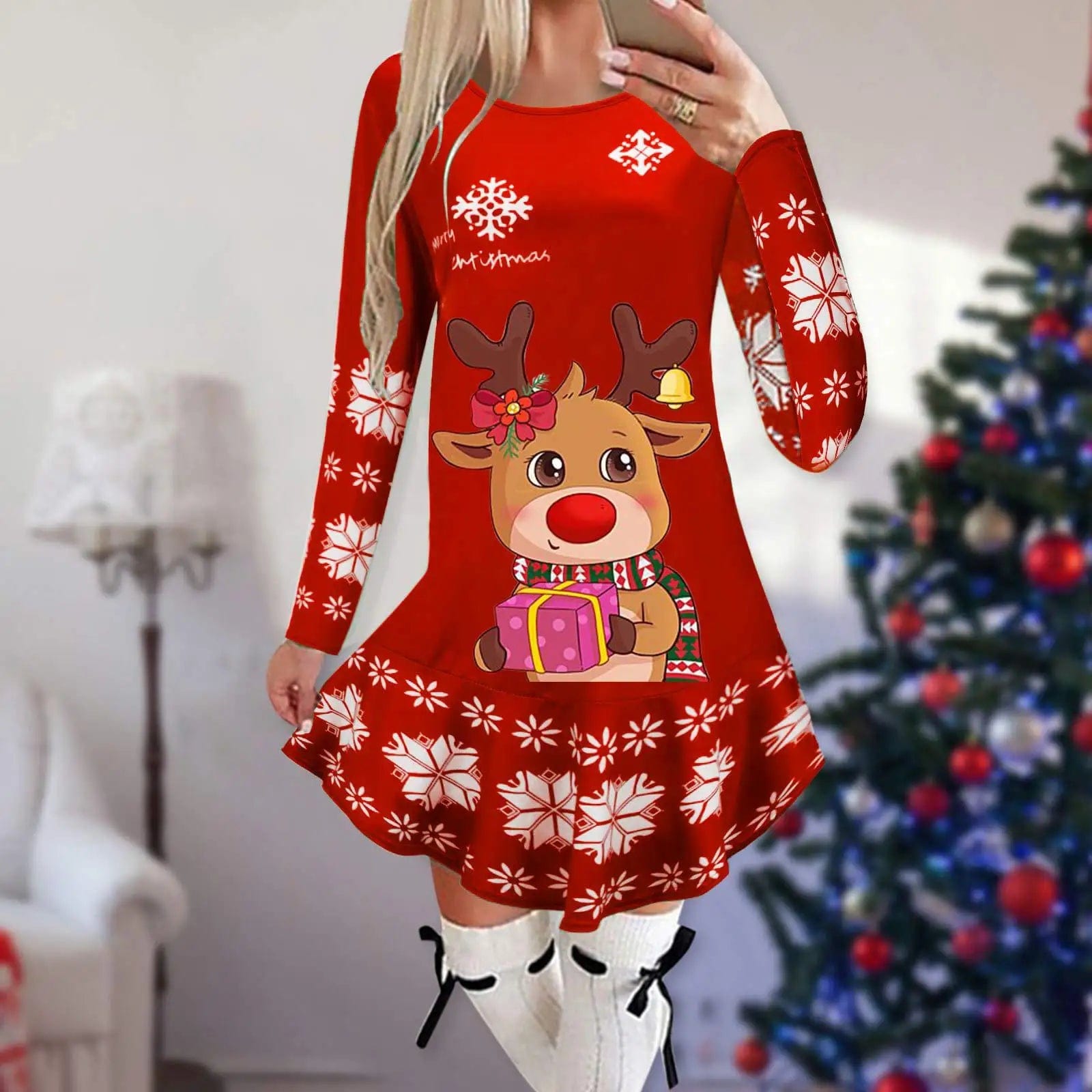 Showlu Fashion Store 15 / M Christmas Dresses for Women Elk Print Long Sleeve Mini Dress Autumn Winter Fashion Ladies Holiday Mini Dresses New Year 2024