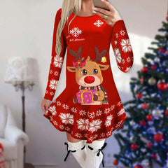 Showlu Fashion Store 15 / XXL Christmas Dresses for Women Elk Print Long Sleeve Mini Dress Autumn Winter Fashion Ladies Holiday Mini Dresses New Year 2024