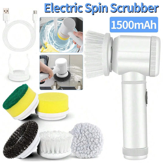 SHOWLU FASHION STORE 1500mAh / United States Electric Spin Scrubber Rechargeable with 5Pcs Brush Heads Home Electric Rotary Scrubber Bathtub Tile Professional Cleaning Brush