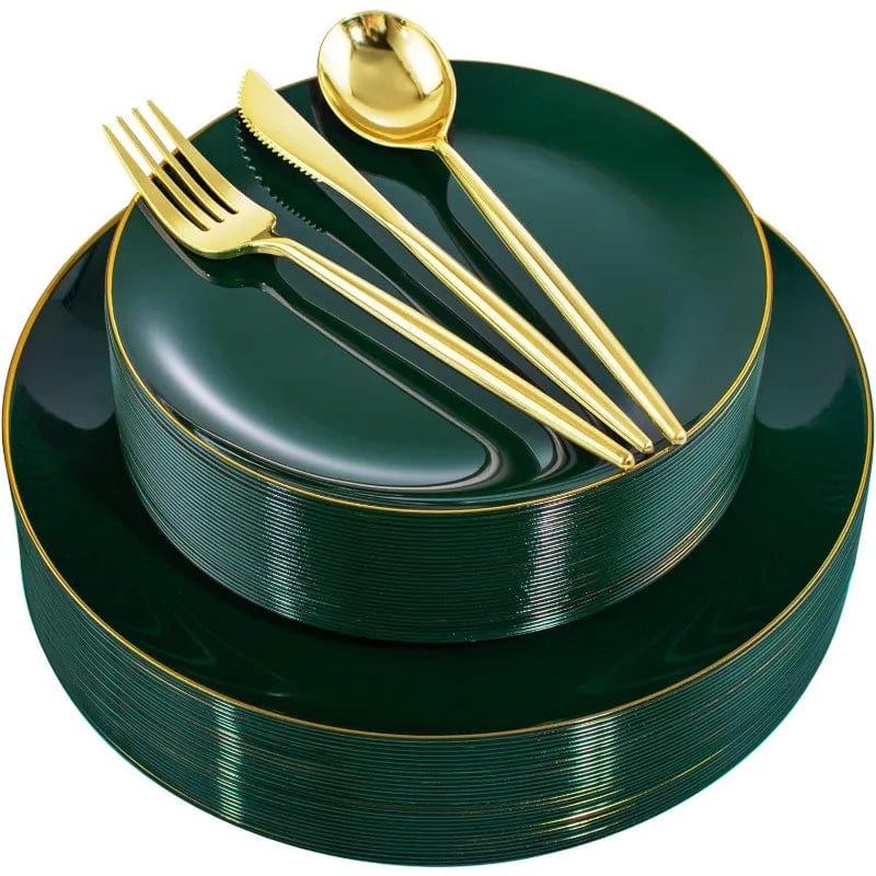 Showlu Fashion Store 150Pcs Gold Plastic Plates Disposable Green Plastic Plates with Gold Rim Disposable Dinnerware: 30 Green Dinner Plates