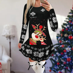 Showlu Fashion Store 16 / M Christmas Dresses for Women Elk Print Long Sleeve Mini Dress Autumn Winter Fashion Ladies Holiday Mini Dresses New Year 2024