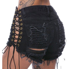 Showlu Fashion Store 162205 Jeans European and American-Style Lace Denim with Hole Hot Pants