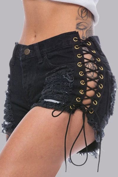 Showlu Fashion Store 162205 L / 8 Black Jeans European and American-Style Lace Denim with Hole Hot Pants