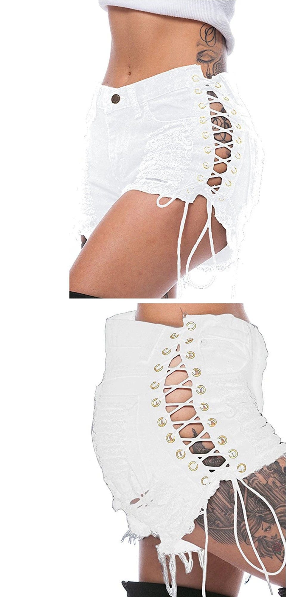 Showlu Fashion Store 162205 L / 8 White. Jeans European and American-Style Lace Denim with Hole Hot Pants