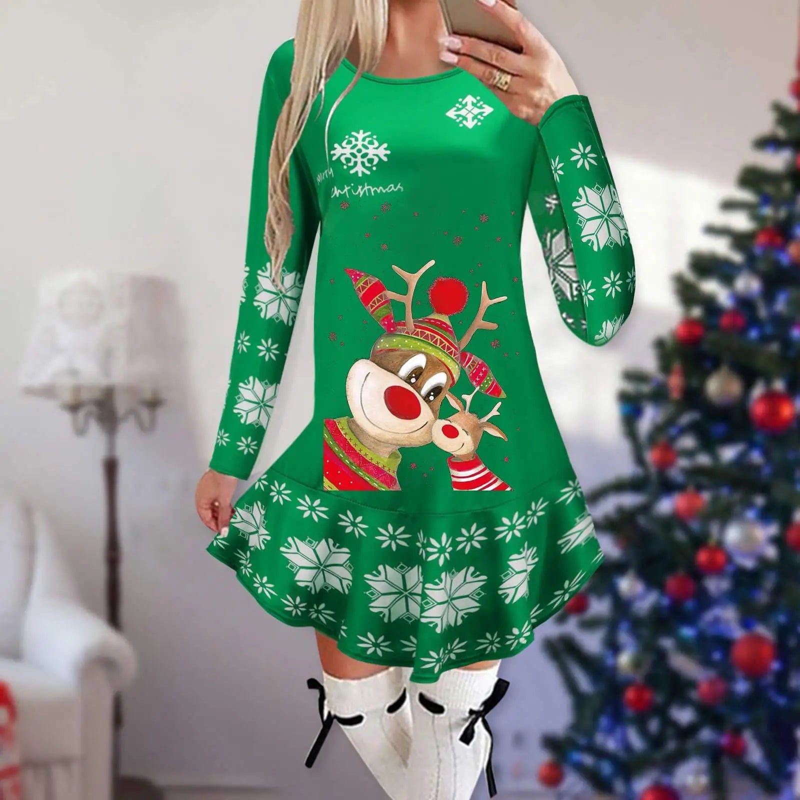 Showlu Fashion Store 17 / M Christmas Dresses for Women Elk Print Long Sleeve Mini Dress Autumn Winter Fashion Ladies Holiday Mini Dresses New Year 2024