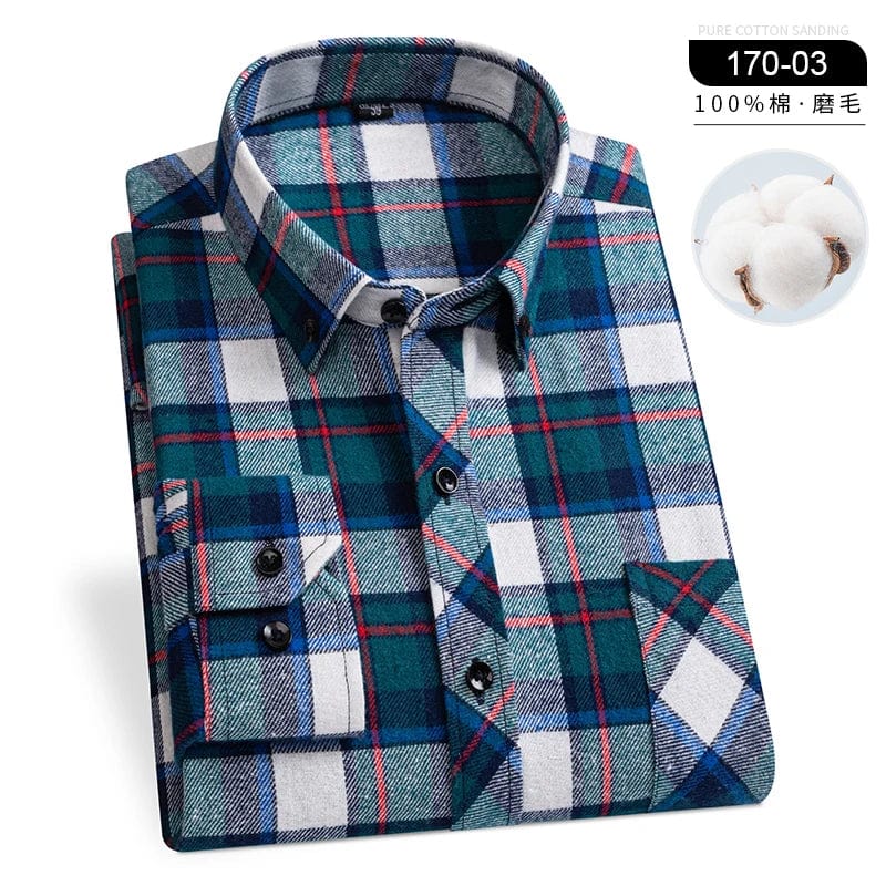  Showlu Fashion Store 170-03 / 44 4XL Winter Men's Plaid Casual Shirts Cotton Warm Flannel Long Sleeve Front Pocket Fashion Clothing Businessman Daily Shirts Easycare