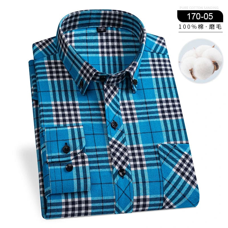  Showlu Fashion Store 170-05 / 44 4XL Winter Men's Plaid Casual Shirts Cotton Warm Flannel Long Sleeve Front Pocket Fashion Clothing Businessman Daily Shirts Easycare