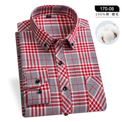  Showlu Fashion Store 170-06 / 44 4XL Winter Men's Plaid Casual Shirts Cotton Warm Flannel Long Sleeve Front Pocket Fashion Clothing Businessman Daily Shirts Easycare